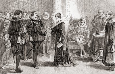 Een scène uit William Shakespeares toneelstuk Eind Goed, Al Goed, Act II, Scene 3, Helena tegen Bertram: Dit is de man, uit De Werken van William Shakespeare, gepubliceerd 1896 door Gordon Frederick Browne